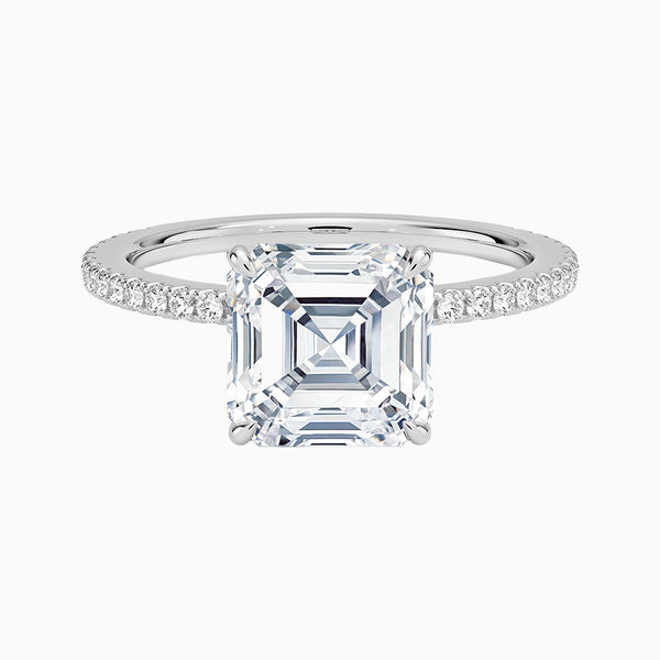 1.0-3.0 Carat D-F VS+ Ideal Cut Asscher Diamond 14K Gold Pave Ring
